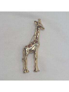 Gold-Tone Giraffe Pin With Brown Enamel Spots Vintage Animal Brooch Jewelry